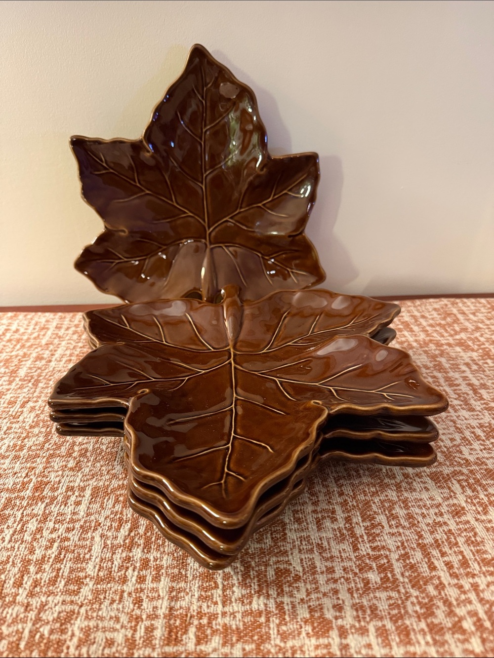 Pottery Barn Brown Leaf-Shaped Ceramic Plates - Set of 4